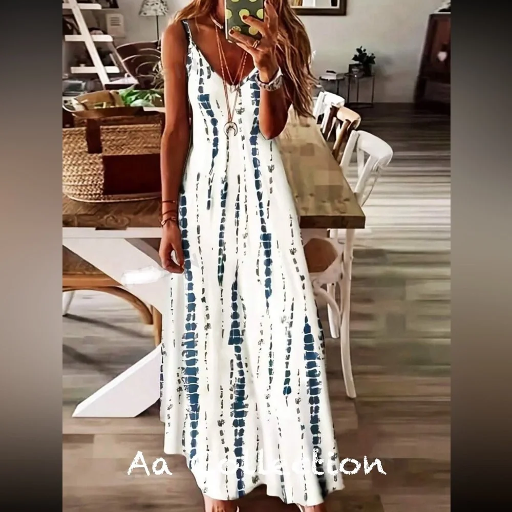 Boho Tie Dye Print V Neck Cami Tank Top Maxi Dress - Picture 1 of 5